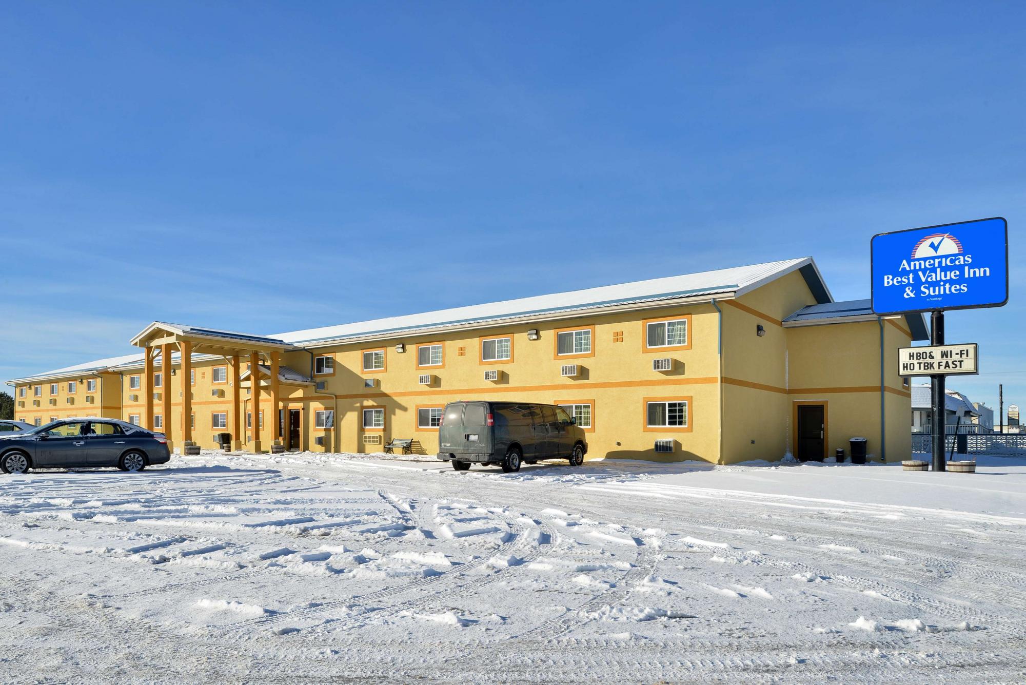 Hotel exterior with snow on the ground