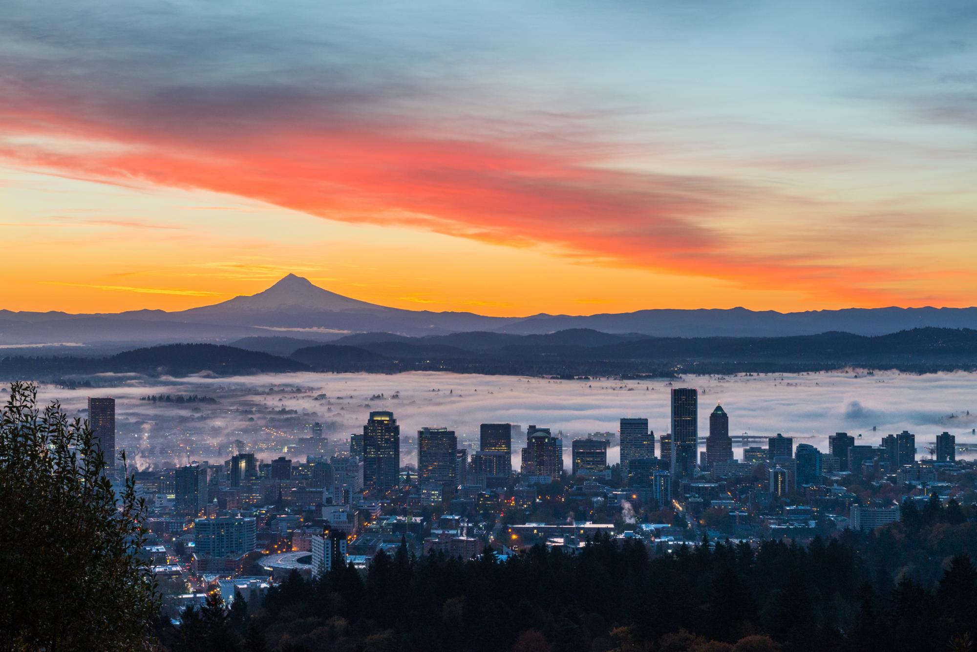 View of city of Portland at sunset and Mt. Hood