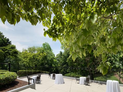 Outdoor meeting area with tables under green trees.
