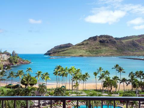 The view from a Deluxe Oceanview guestroom at The Royal Sonesta Kaua'i Resort Lihue.
