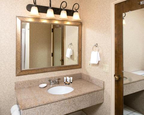 Clean, modern and well lit guestroom bathroom vanity