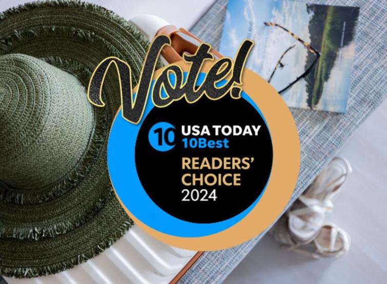 A background images showing a hat, suitcase, magazine, shoes and glasses with the words Vote! USA TODAY 10 Best Readers' Choice 2024 overlayed on top.